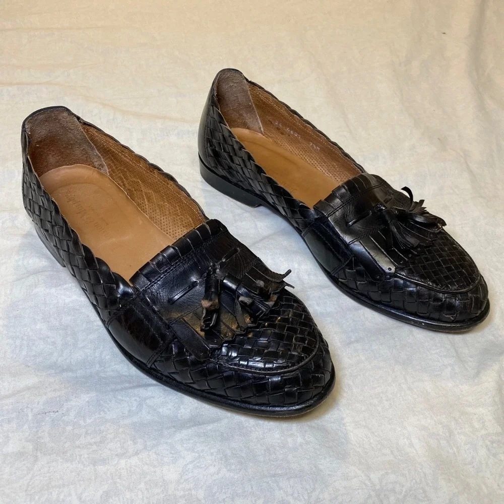 Johnston & Murphy‎ Woven Leather Tassel Loafers Men's 9.5 M Black Italy Slip On